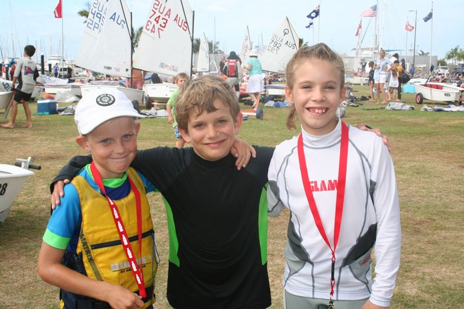 Green Fleet competitors from WA from left Mack Young, Ezra Kaye and Shannon Dalton - Australian Optimists National Championship 2012 © Clare Murray